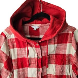 Womens Red Buffalo Plaid Hooded Flannel Shirt Size L 12-14 Camp Hike Time & Tru